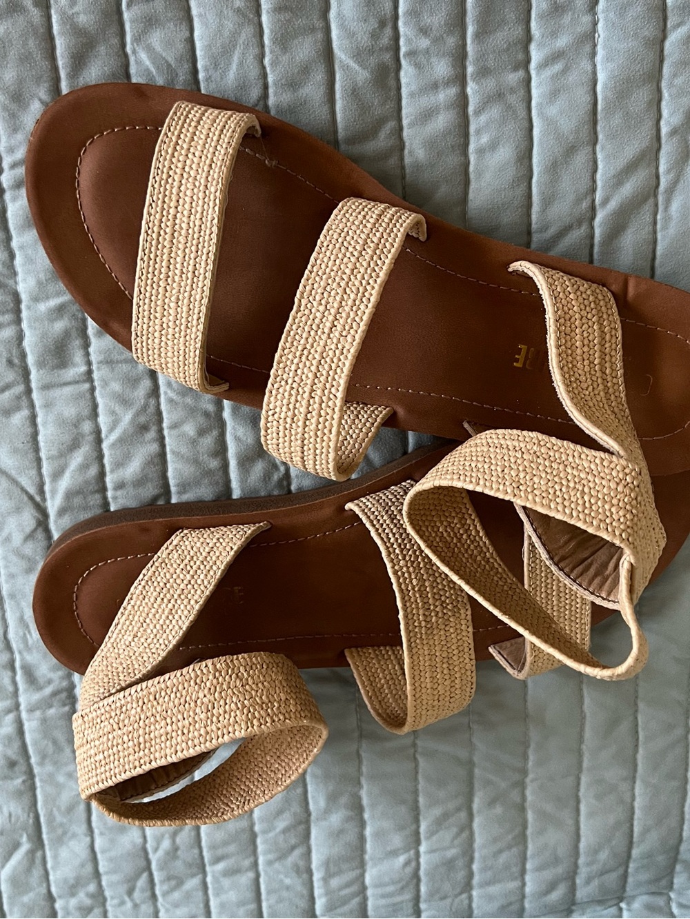 Neutral Triple-Strap Woven Sandals — Beige Casual Women’s Slide